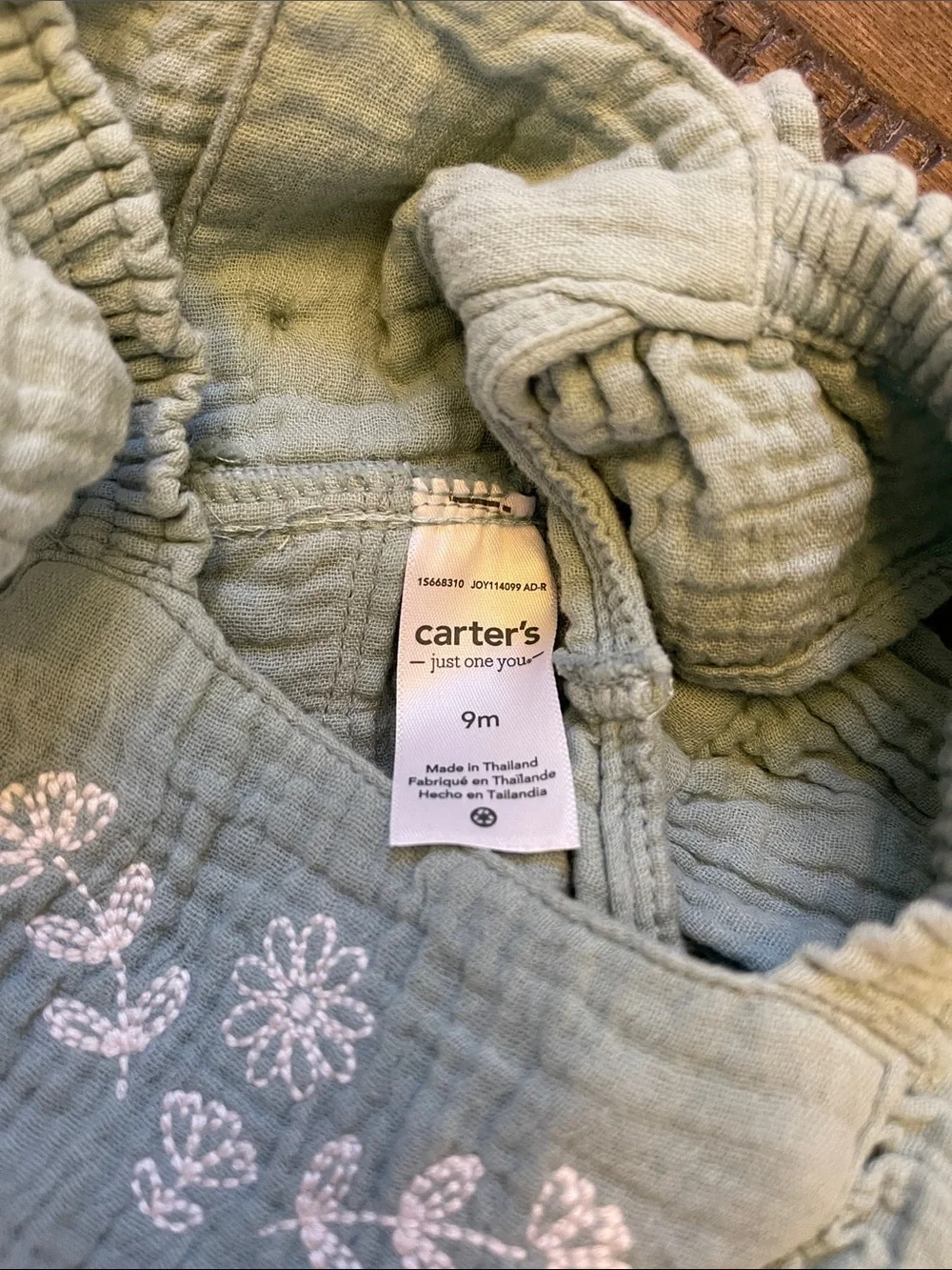 Carters Baby Sage Ruffled Romper with Embroidered Front